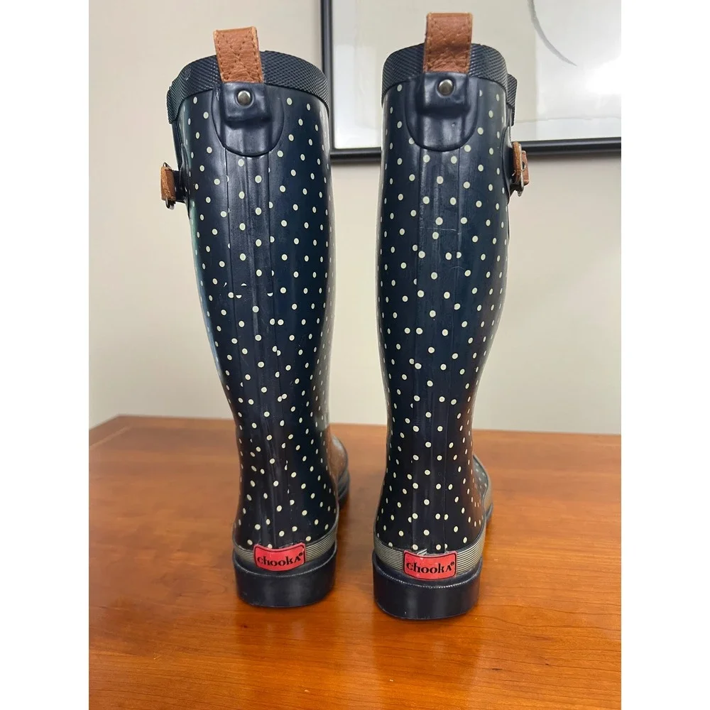 Chooka Classy Classic Navy Polka Dot Rain Boots Womens 7 Waterproof Rubber Tall